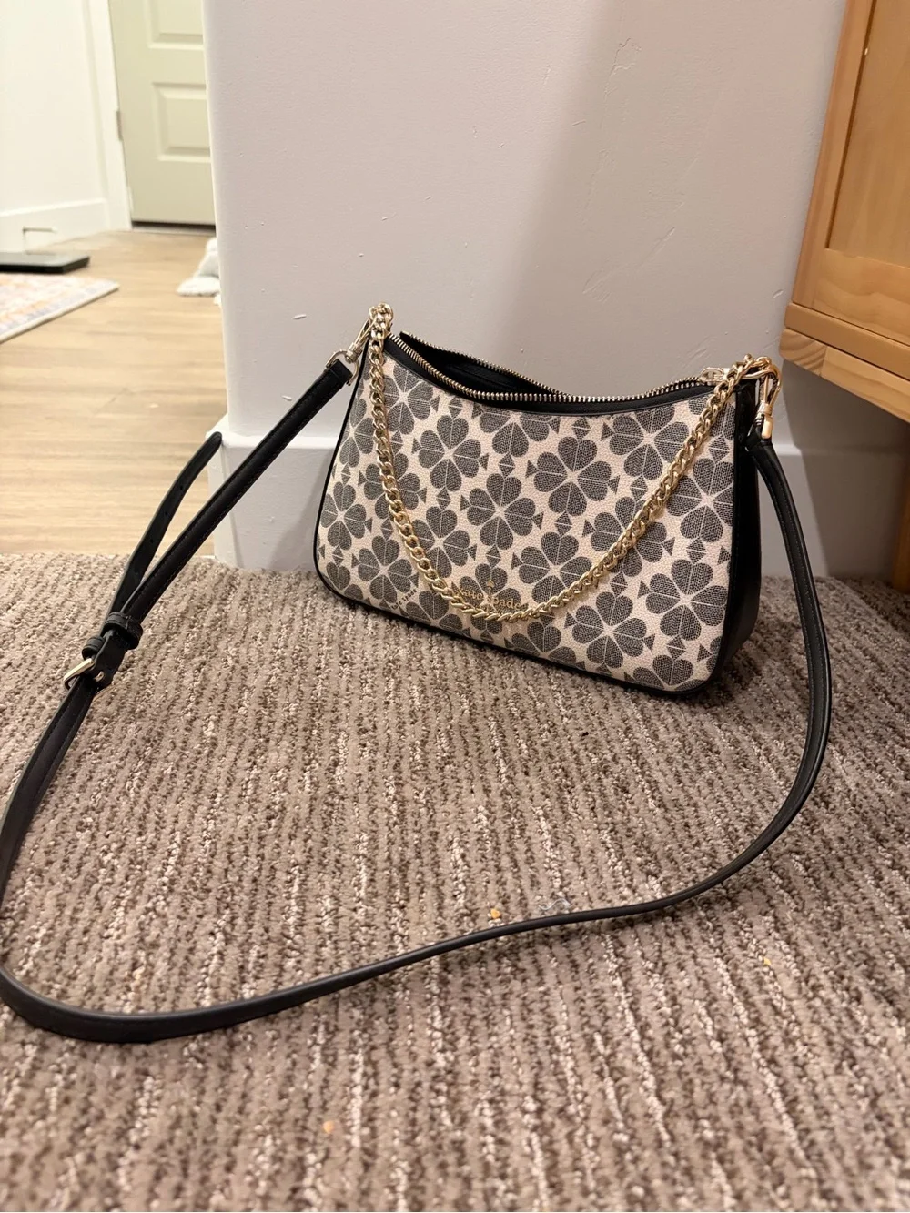 kate spade Black & Cream Floral Crossbody with Gold Chain